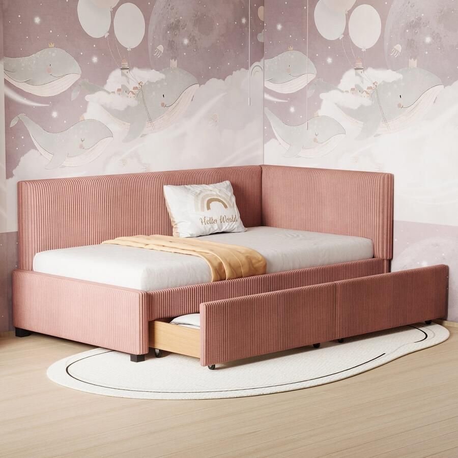 Sweiko Slaapbank 90*200cm multifunctioneel gestoffeerd bed met 2 laden lattenbodem huidvriendelijke fluwelen stof roze