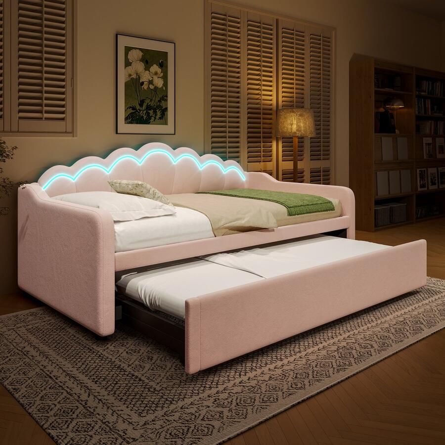 Sweiko Slaapbank 90x200 cm (180x200 cm) met uitschuifbaar bed Velvet LED-strip Zonder matras Roze