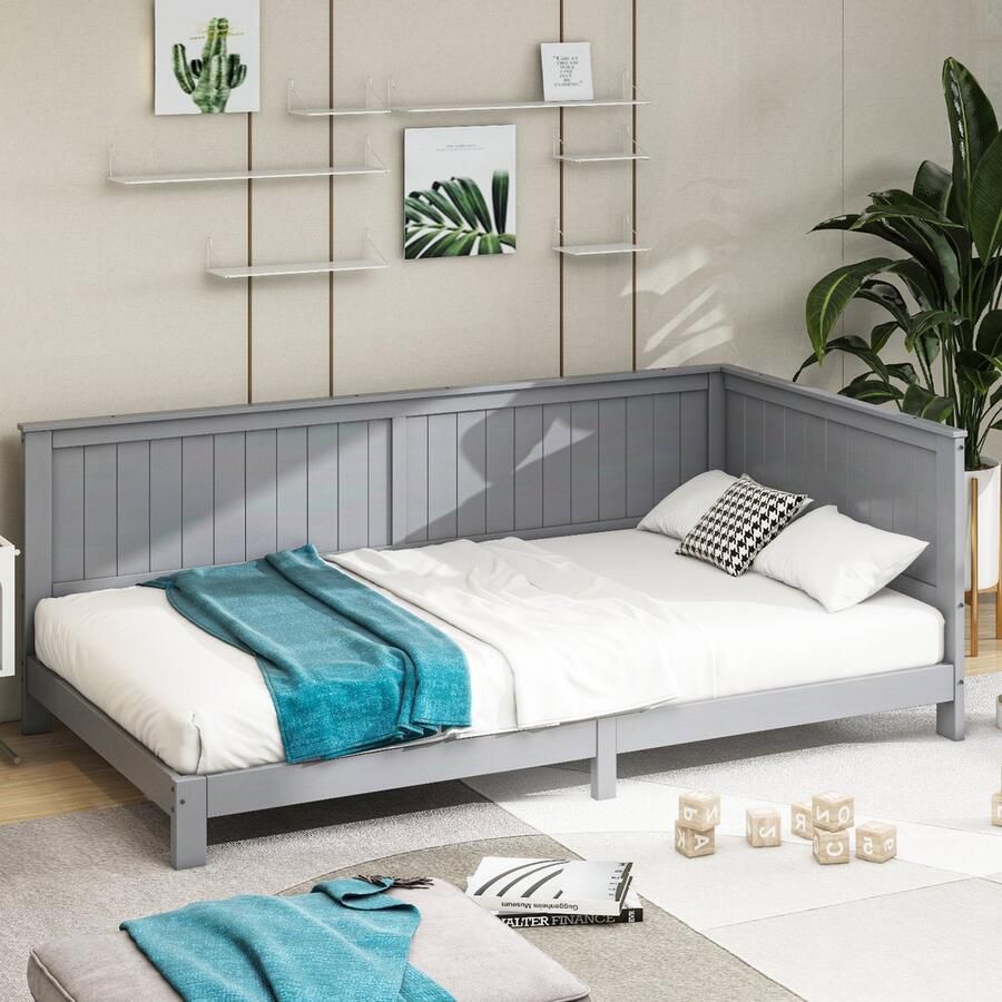 Sweiko Slaapbank 90x200 cm Eenpersoons Houten bed babybed Grijs kinderbed eenvoudig en veelzijdig