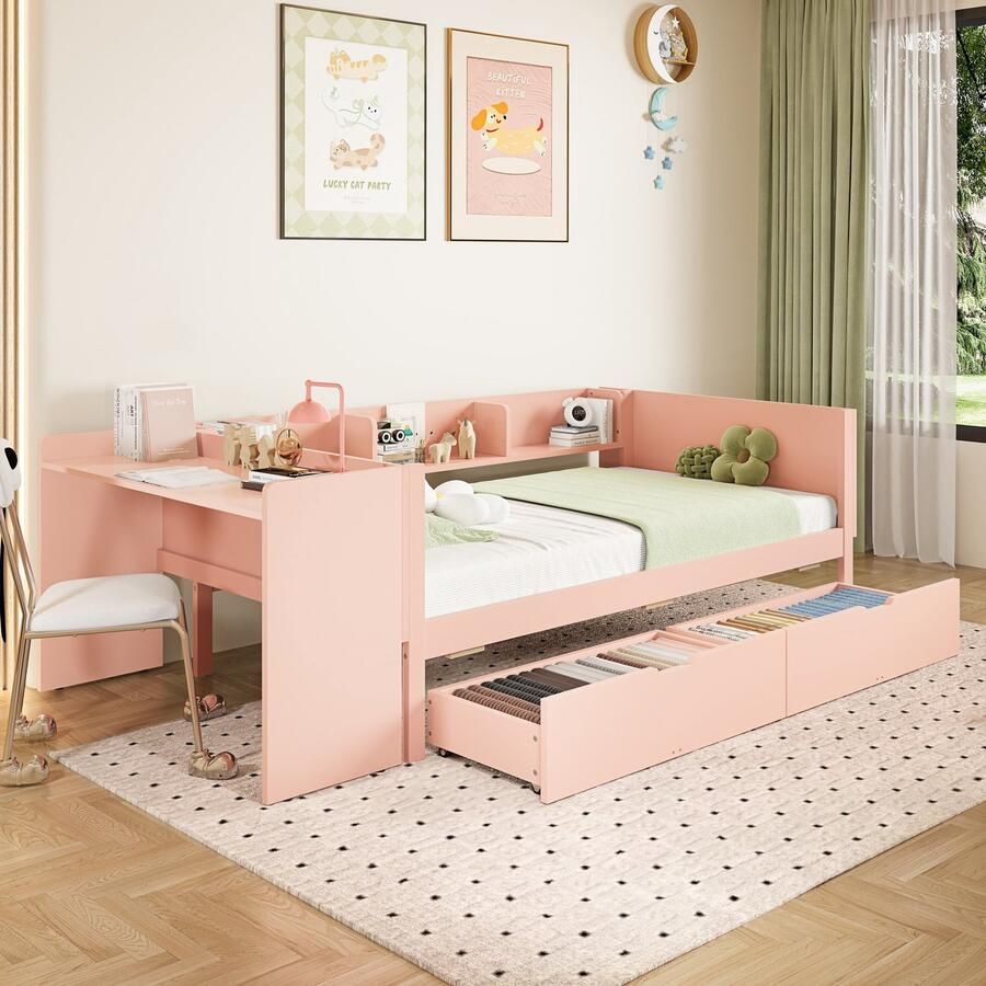 Sweiko Slaapbank 90x200 cm met Bureau + 2 Laden Zonder matras Roze