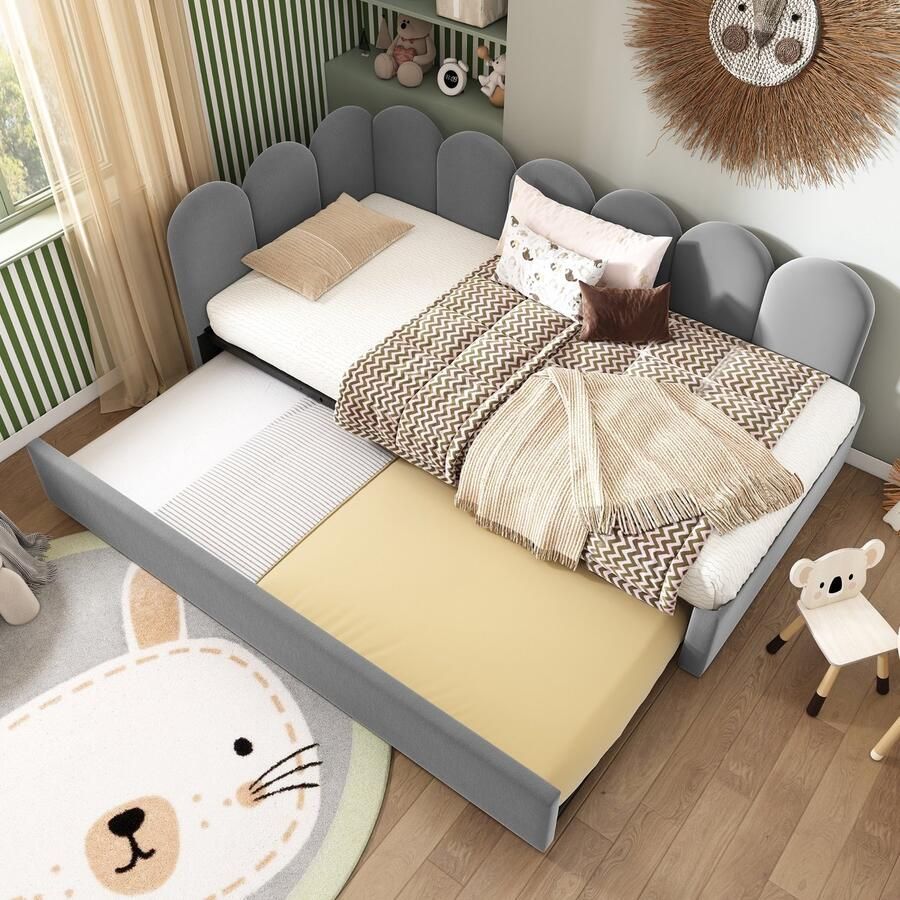 Sweiko Slaapbank 90x200 cm met Uitschuifbed Kinderbed Velvet Zonder matras Grijs