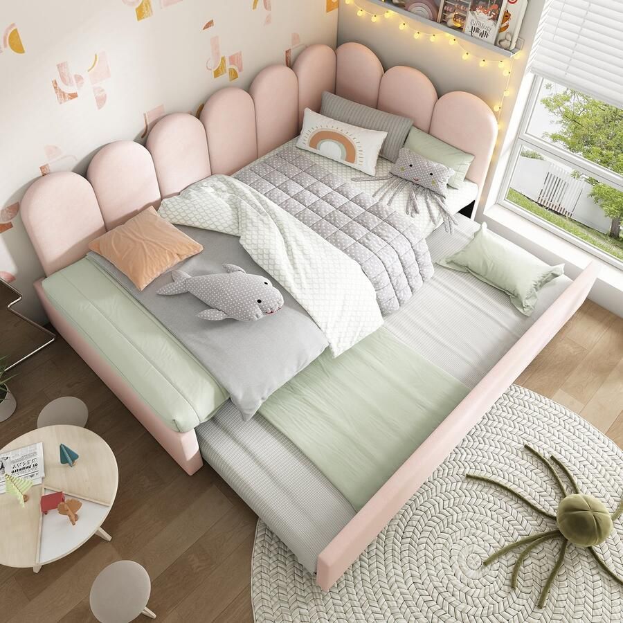 Sweiko Slaapbank 90x200 cm met Uitschuifbed Kinderbed Velvet Zonder matras Roze