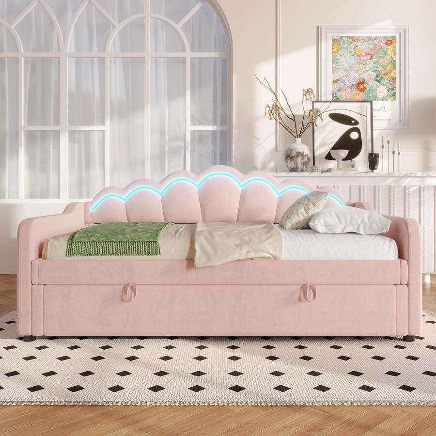 Sweiko Slaapbank 90x200 cm Opbergruimte Velvet LED-strip Zonder matras Roze