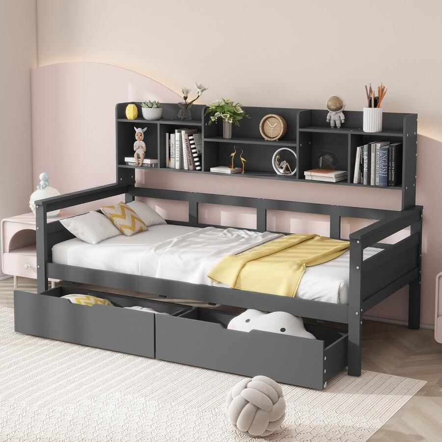 Sweiko Slaapbank 90x200cm Kinderbed met lades en planken Platte noedelslijst wieg jeugdbed eenpersoonsbed massief houten bed Grijs (zonder matras)