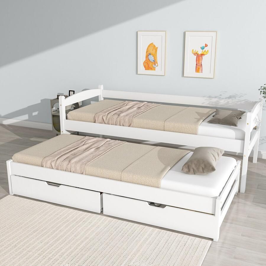 Sweiko Slaapbank Twee eenpersoonsbedden Schuifbed met zwenkwielen eronder met 2 MDF laden massief houten frame Wit (90x200cm 90x190cm)