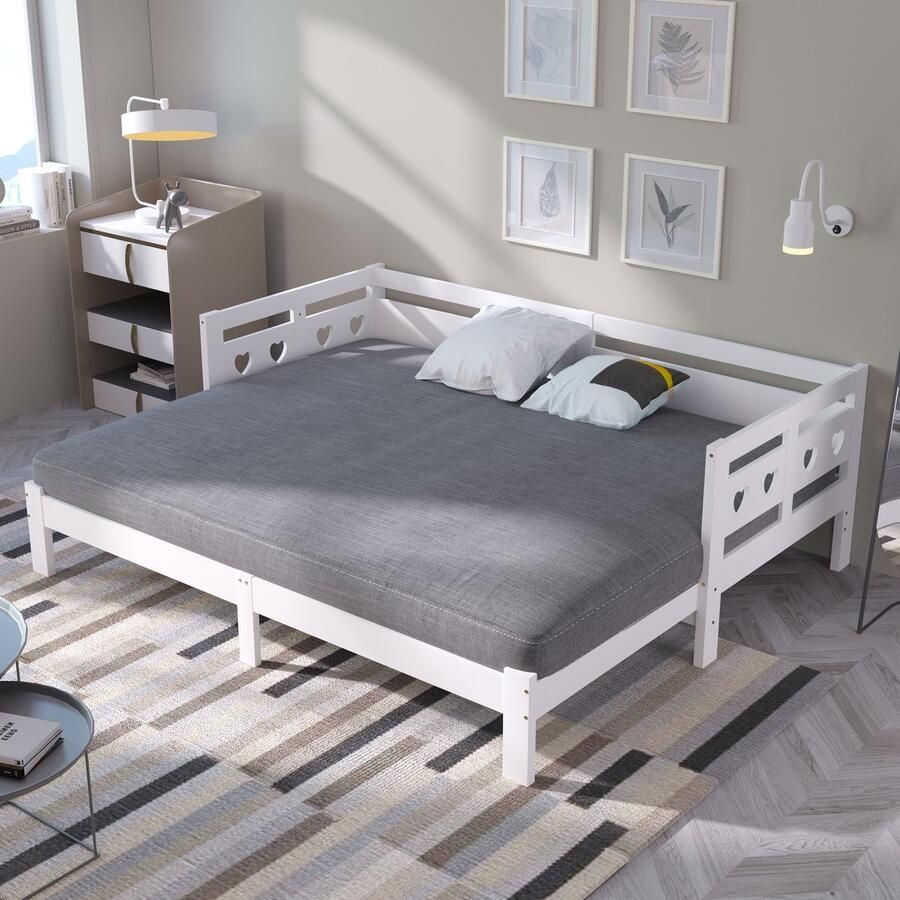 Sweiko Slaapbank Uitschuifbaar Bed 90*200cm massief dennenhout grille hartvormig bed Wit