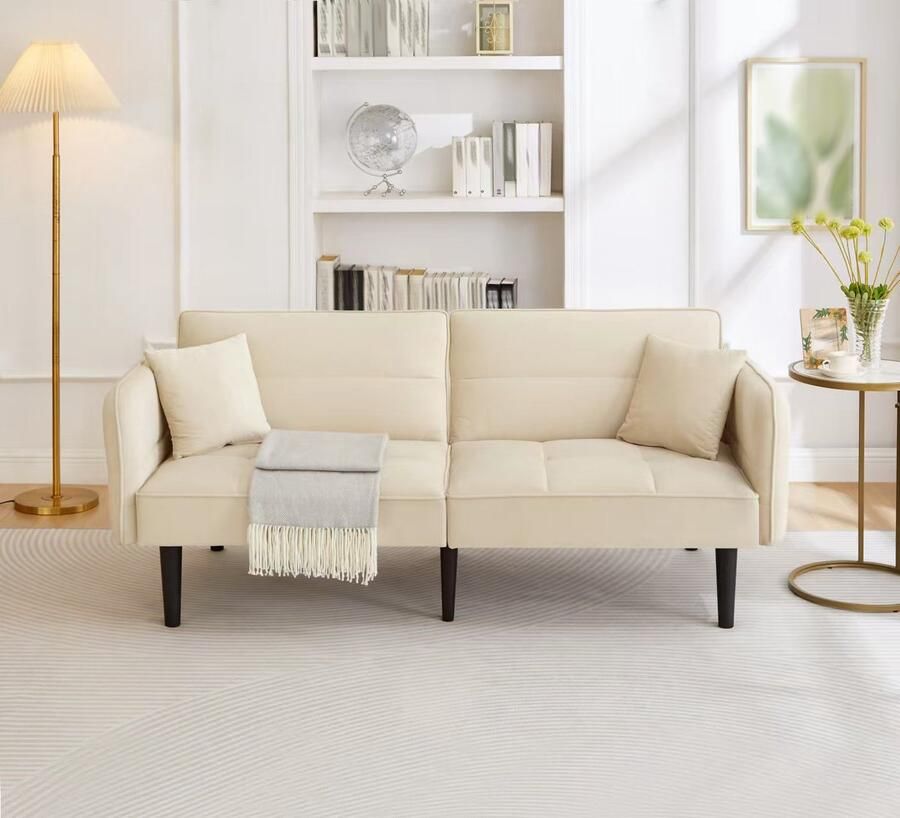 Sweiko Slaapbank Velvet Ombouwbare armleuningen Slaapfunctie 2 zits Beige