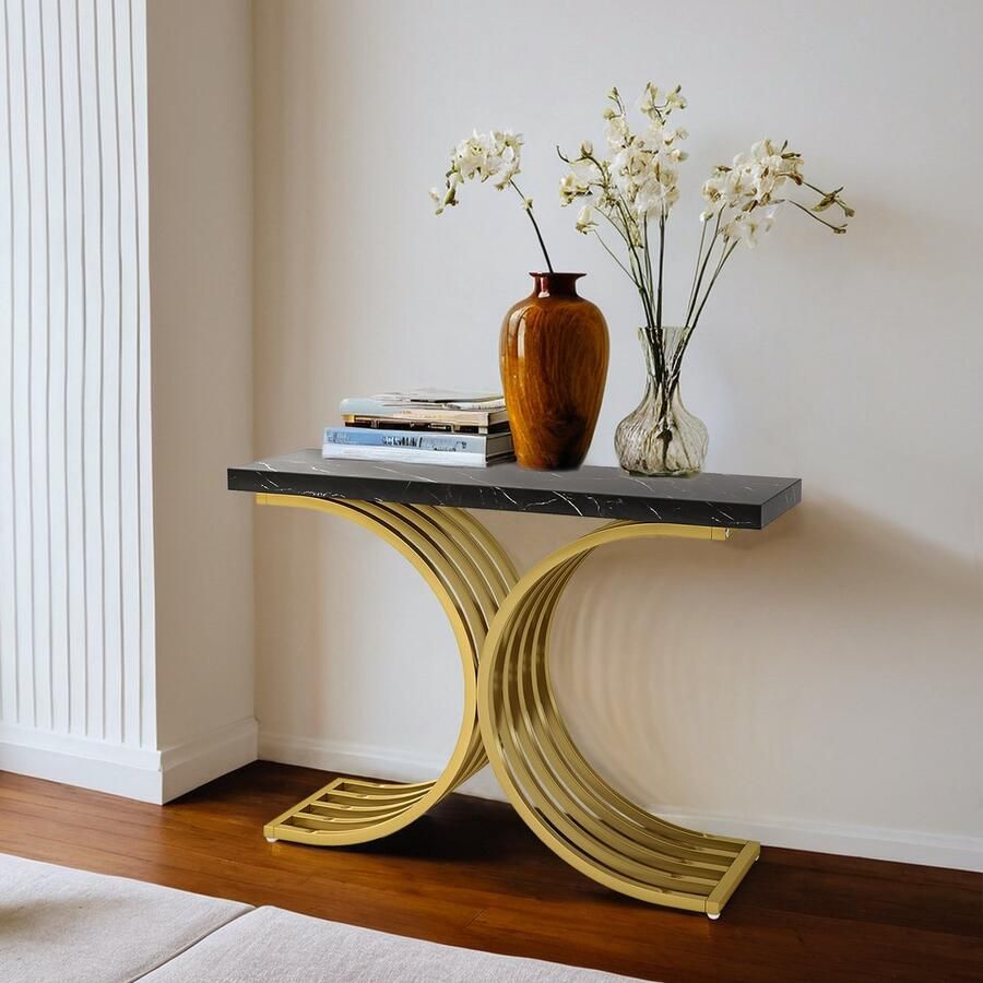 Sweiko Smalle Console tafel Bijzettafel met metalen frame 100 x 30 x 80 cm hal tafel kleine tentoonstelling tafel kleine ruimte sofa tafel entree woonkamer (Zwart)