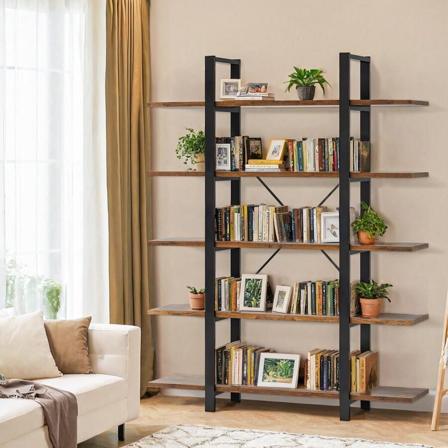 Sweiko Standaardplank Boekenkast Display rack 5-niveau Opbergplank 178 x 32 x 120 cm Plank Woonkamer plank Eenvoudige structuur voor woonkamer slaapkamer kantoor Industrieel design Vintage Bruin en Zwart