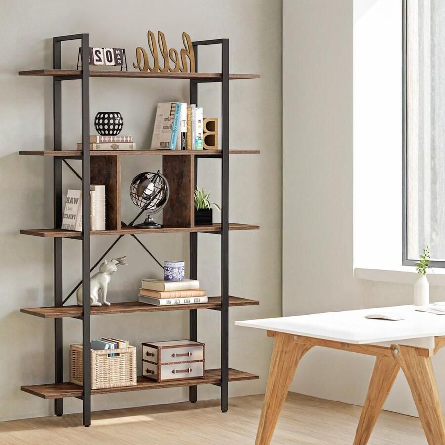 Sweiko Standaardplank Boekenkast Display rack 5-niveau Opbergplank 180 x 33 x 105 cm Plank Woonkamer plank Eenvoudige structuur voor woonkamer slaapkamer kantoor Industrieel design Vintage Bruin en Zwart