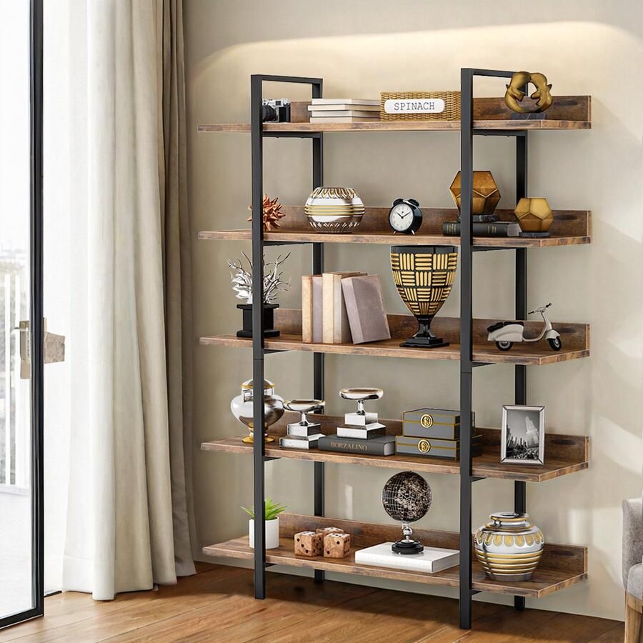 Sweiko Standaardplank Boekenkast Display rack 5-niveau Opbergplank Plank Woonkamer plank Eenvoudige structuur voor woonkamer slaapkamer kantoor Industrieel design Vintage Bruin en Zwart
