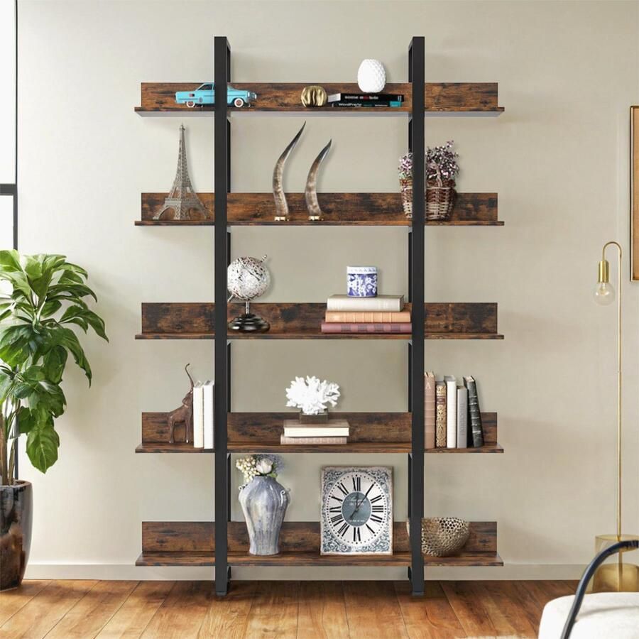 Sweiko Standaardplank Boekenkast Display rack 5-niveau Opbergplank Plank Woonkamer plank Eenvoudige structuur voor woonkamer slaapkamer kantoor Industrieel design Vintage Bruin en Zwart
