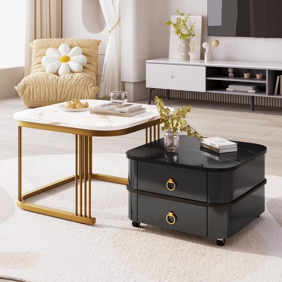 Sweiko Stapelbare salontafel Woonkamer tafel Hoogglans marmer uiterlijk en glazen tafelblad Zwarte tafelpoten bijzettafel set van twee laden