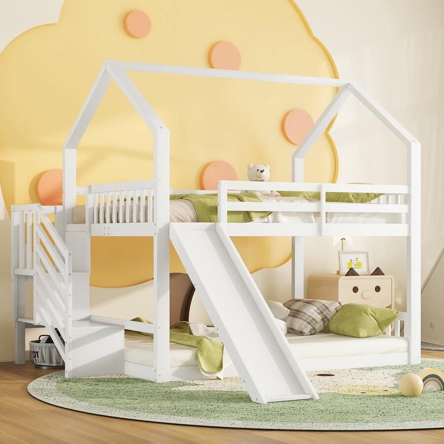 Sweiko Stapelbed 140x200cm met Opbergtrap en Glijbaan Huisbed Kinderbed met reling Geschikt voor Kinderen Tieners Wit - Foto 2