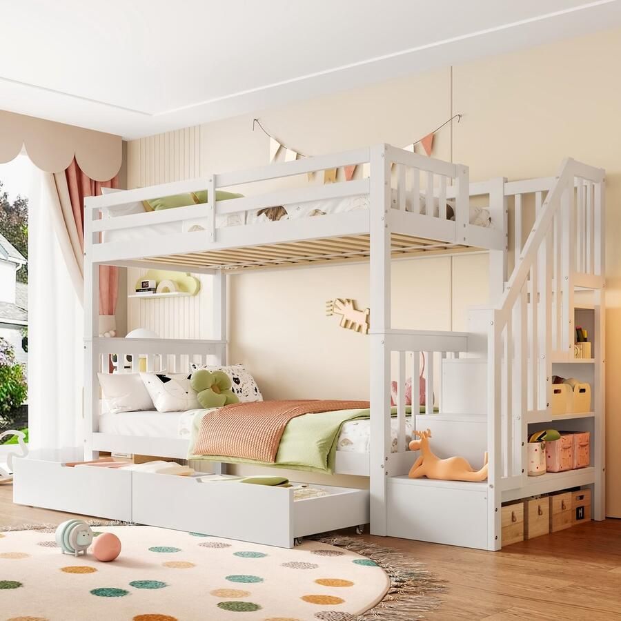 Sweiko Stapelbed 90 x 200 cm 2 lades Opbergplank Houten kinderbed Wit