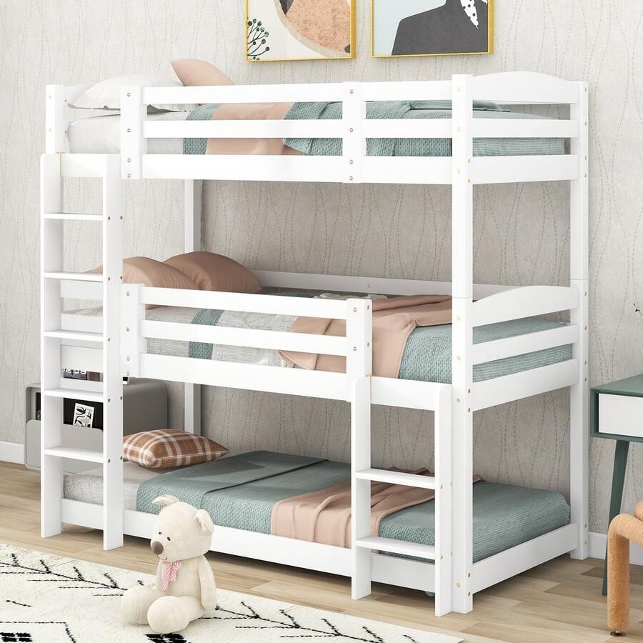 Sweiko Stapelbed 90 x 200 cm Houten kinderbed Geschikt voor 3 personen Wit