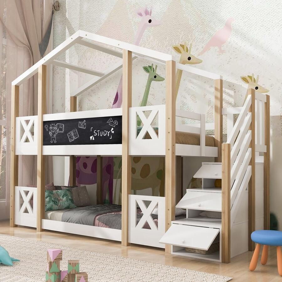Sweiko Kinderbed Boomhuis met opberg- en valbeveiliging 90 x 200 cm stapelbed voor kinderen– 2x roosterlijst- Natuur Wit - Foto 2