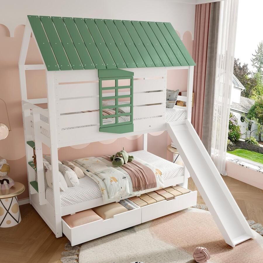 Sweiko Stapelbed 90 x 200 cm met Glijbaan 2 lades Huisbed Wit + groen