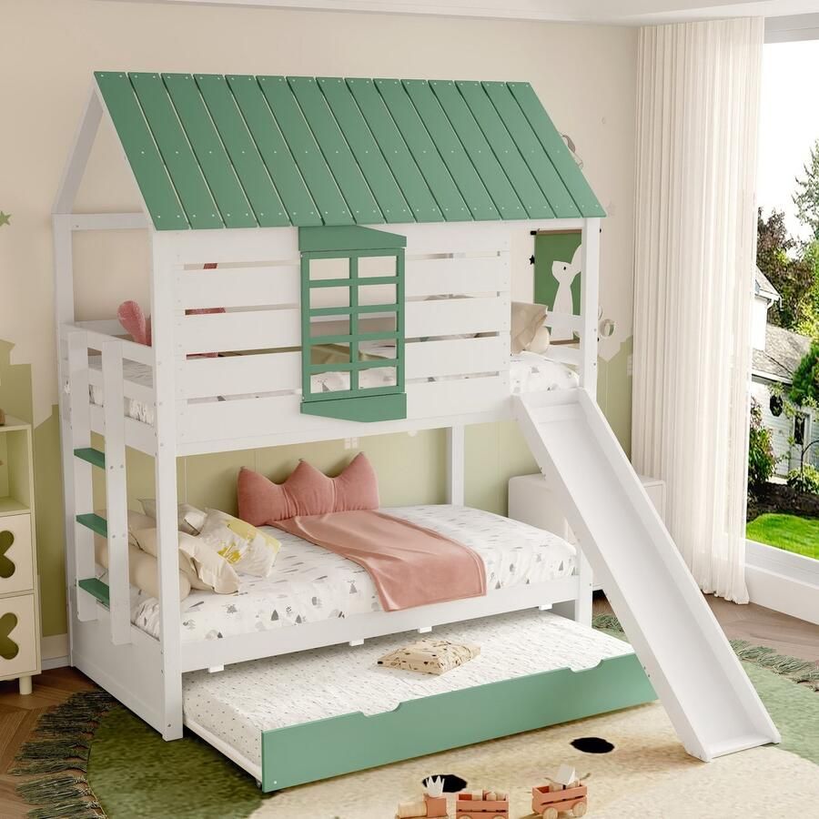 Sweiko Stapelbed 90 x 200 cm met Glijbaan + Uitschuifbaar bed Huisbed Wit + groen