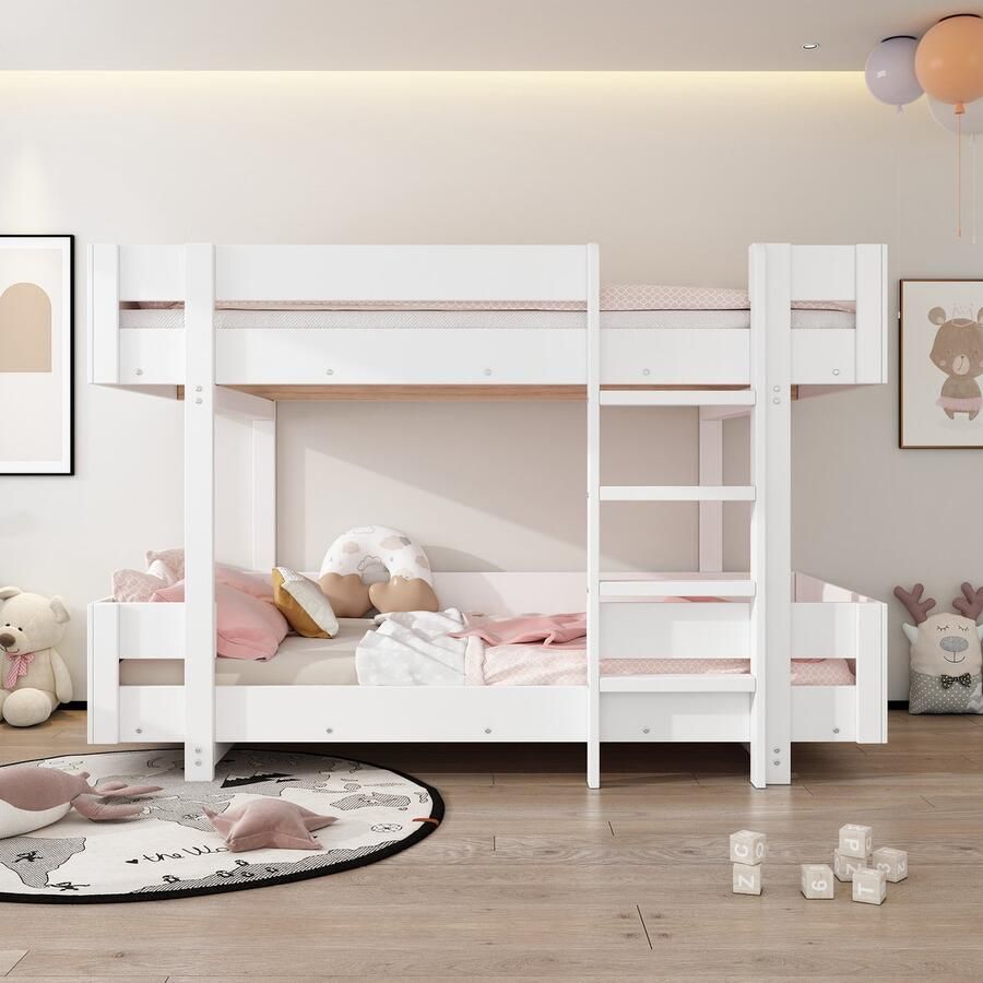 Sweiko Stapelbed 90*200 cm Kinderbed Minimalistisch ontwerp Versterkte veiligheidsrails Zonder matras Wit