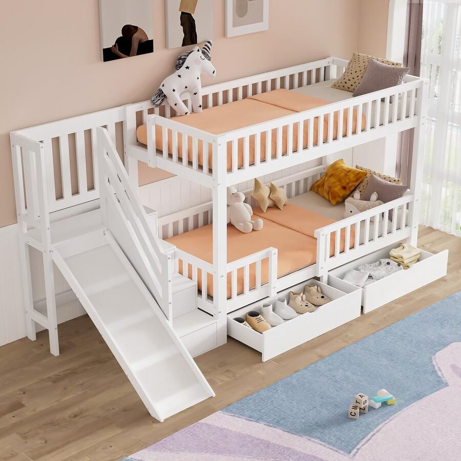 Sweiko Stapelbed 90*200 cm Met glijbaan 2 lades Zonder matras Massief hout + MDF Wit