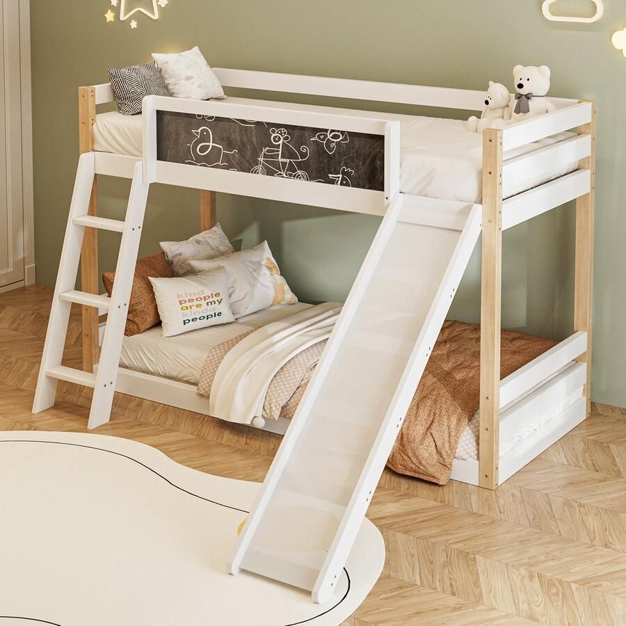 Sweiko Kinderbed met Trap en Glijbaan (200x90cm) bed met hek bed met Kinderschrijfbord milieuvriendelijk massief hout Wit (Geen matras)