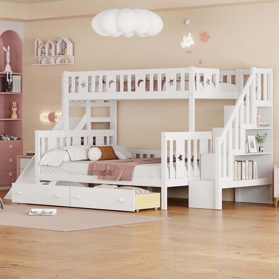 Sweiko Stapelbed 90*200 140*200 cm glijbaan + legplank 2 laden zonder matras wit