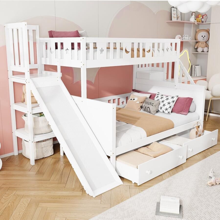 Sweiko Stapelbed 90×200 140×200 cm Met glijbaan 2 lades Opbergplank Wit