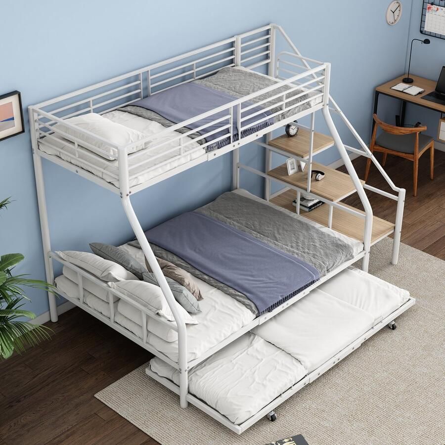 Sweiko Stapelbed 90*200+140*200 cm metalen bedframe ijzeren bed stapelbed met uitschuifblad met opbergladder wit