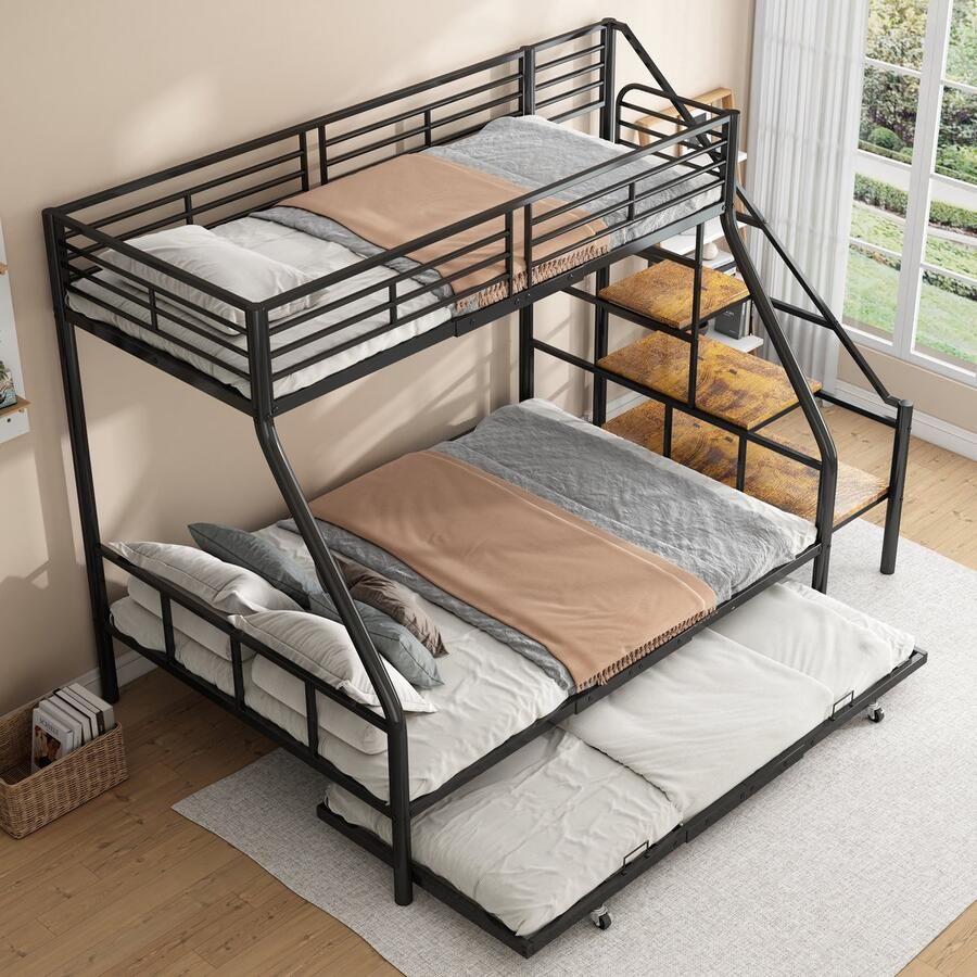 Sweiko Stapelbed 90*200+140*200 cm metalen bedframe ijzeren bed stapelbed met uitschuifblad met opbergladder zwart