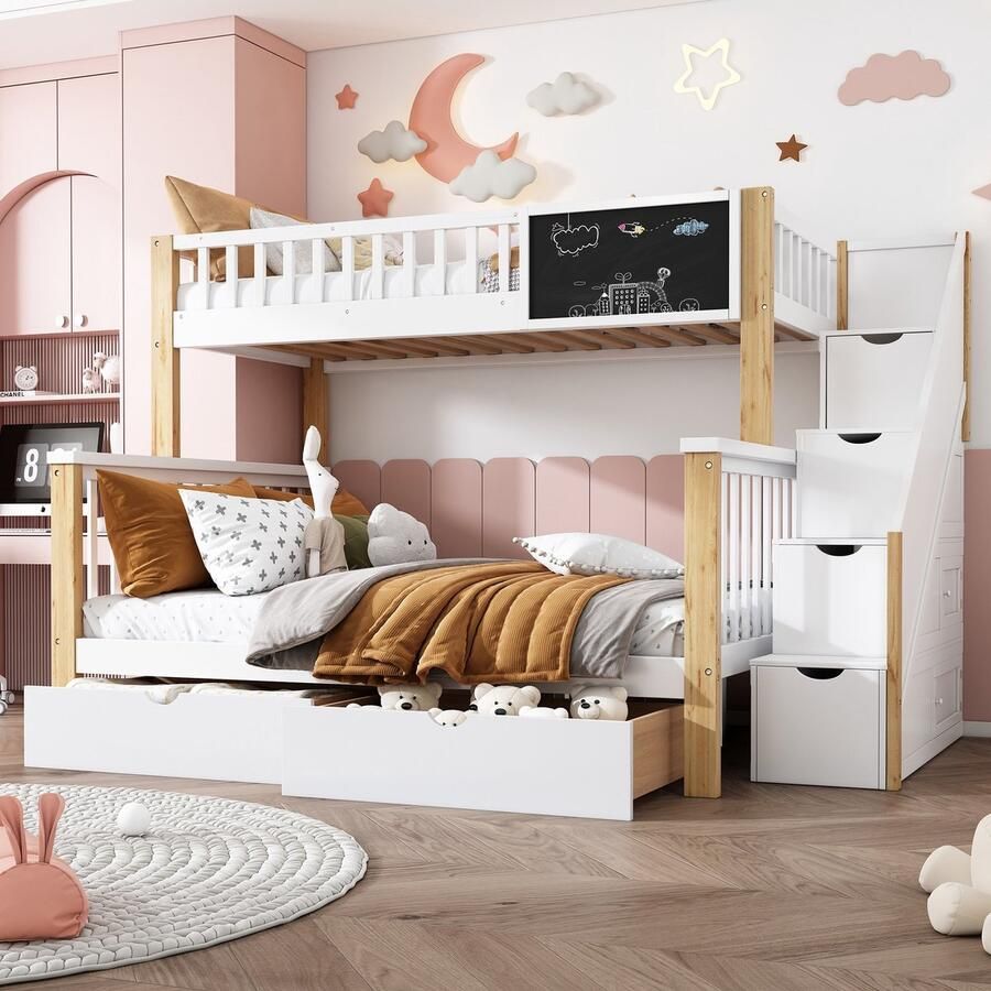 Sweiko Kinder stapelbed Tweepersoonsbed Multifunctioneel kinderbedje met schoolbord en lades zonder matras Wit en licht eiken 90*200 140*200 - Foto 2