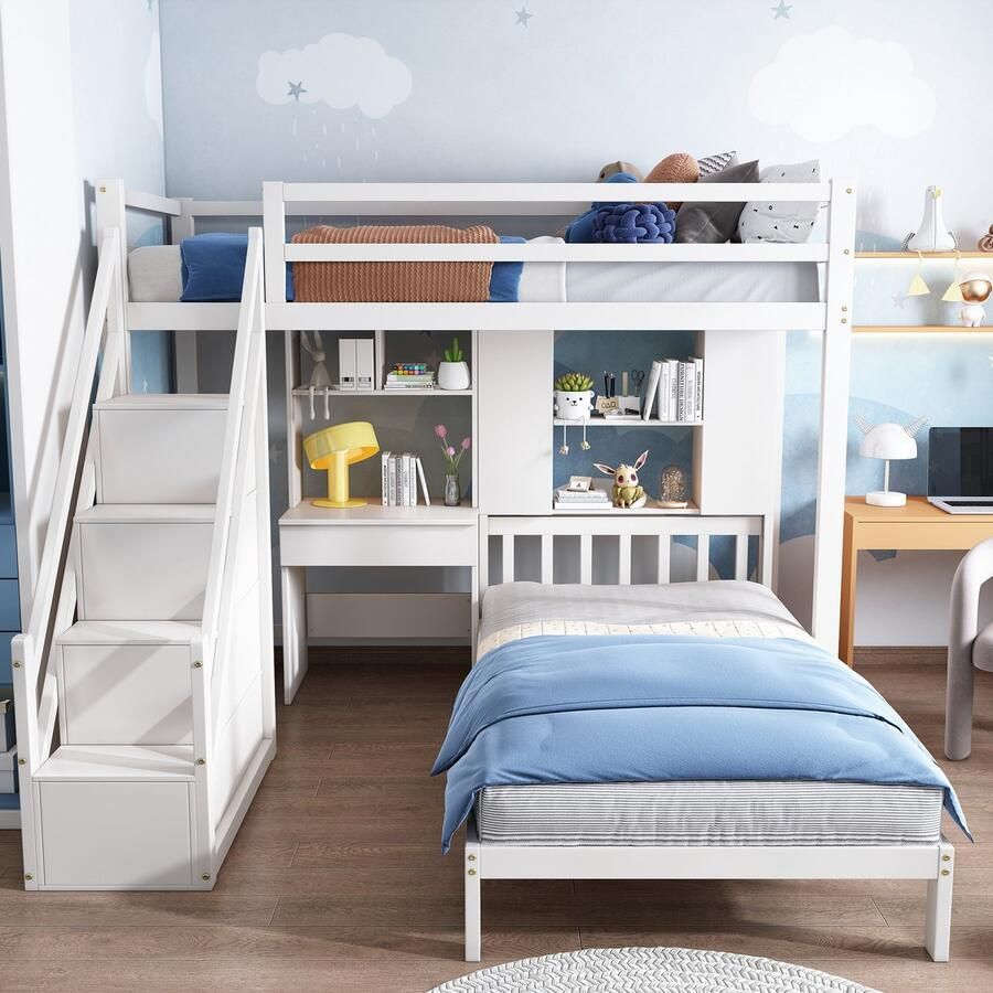 Sweiko Kinder Stapelbed multifunctioneel kinderbed met opbergfunctie tafel en plank Vlak noedelsframe Wit 90*200cm - Foto 2
