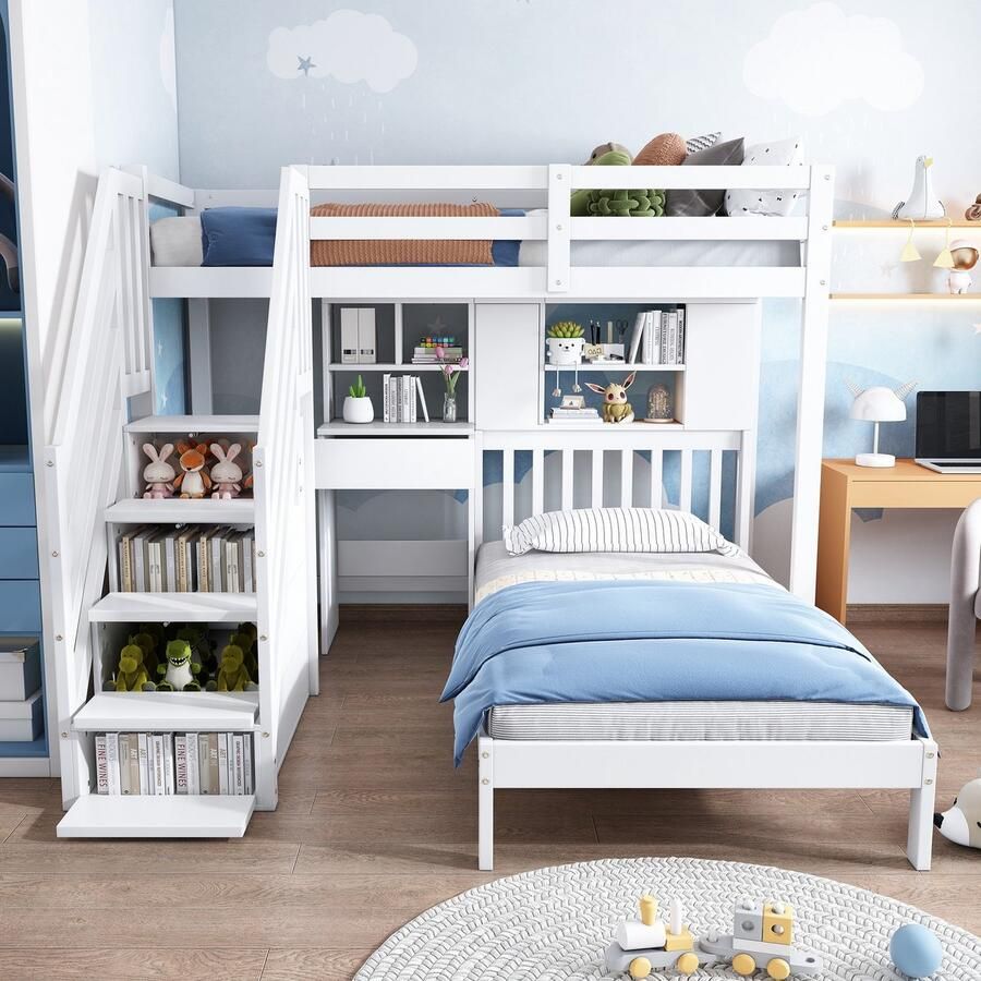Sweiko Kinder Stapelbed multifunctioneel kinderbed met opbergfunctie tafel en plank Vlak noedelsframe Wit 90*200cm