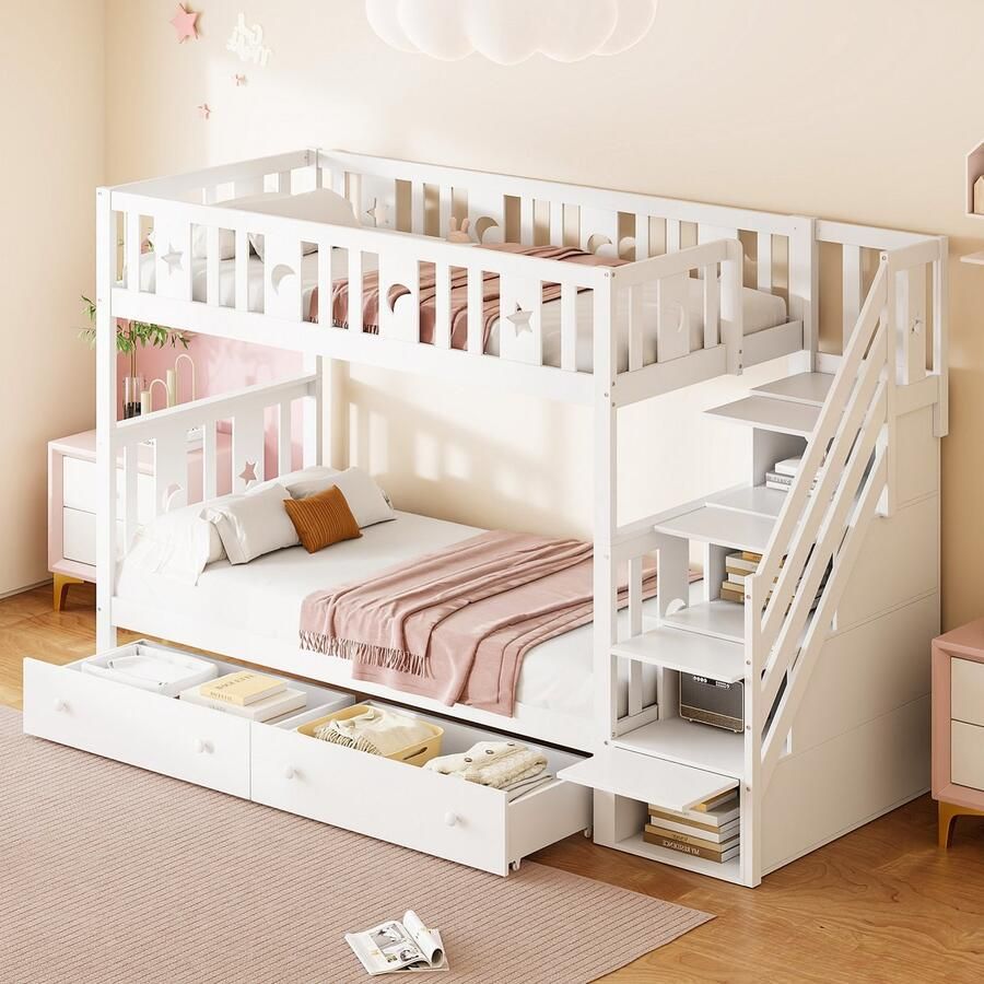 Sweiko Kinderbed Wieg 90x200 cm Massief Houten Tweepersoonsbed met veiligheidstrap bergtrap twee grote lades en plat noedelsframe Wit (Geen matras)