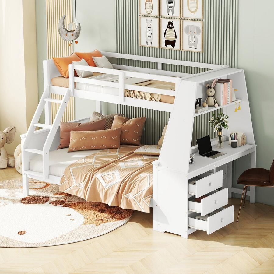 Sweiko Stapelbed 90*200cm 140*200cm Kinderbed Uitgerust met bureau Grote opbergruimte Hoge reling Wit
