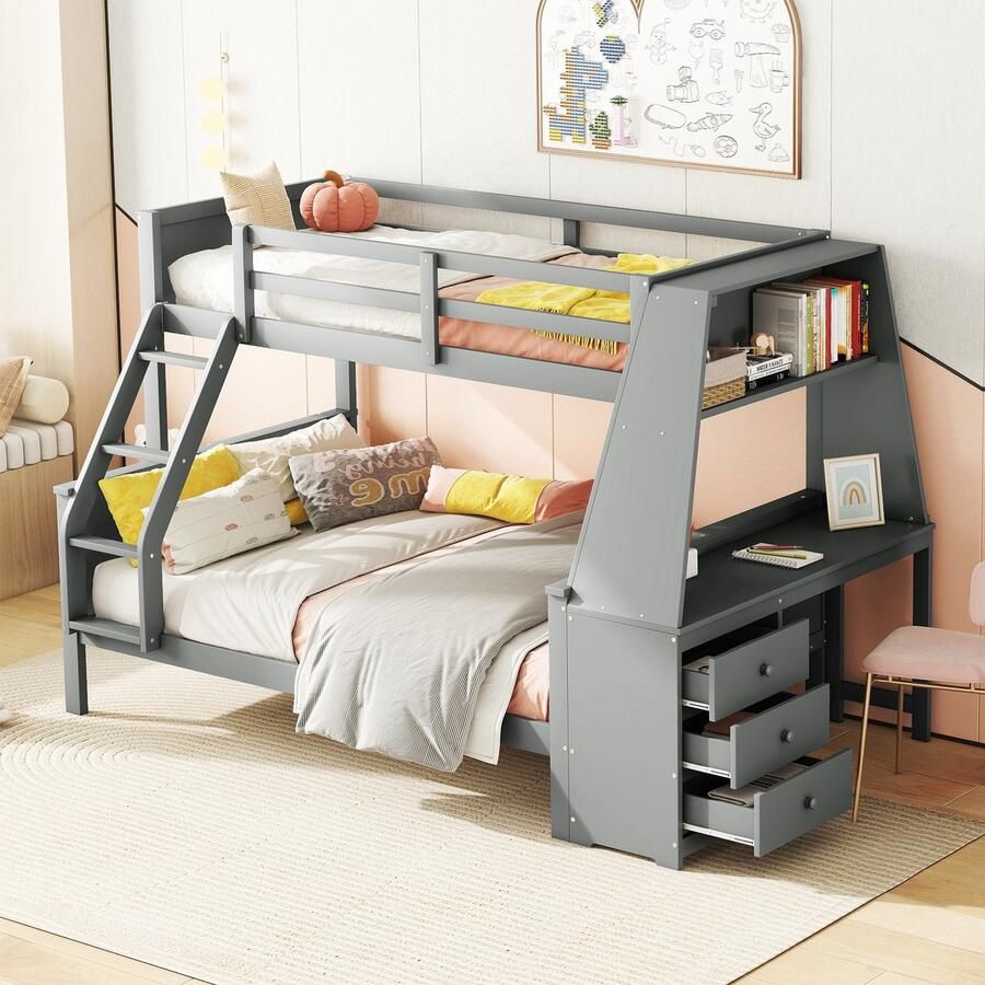 Sweiko Stapelbed 90*200cm 140*200cm Kinderbed Uitgerust met bureau Grote opbergruimte Hoge reling Grijs