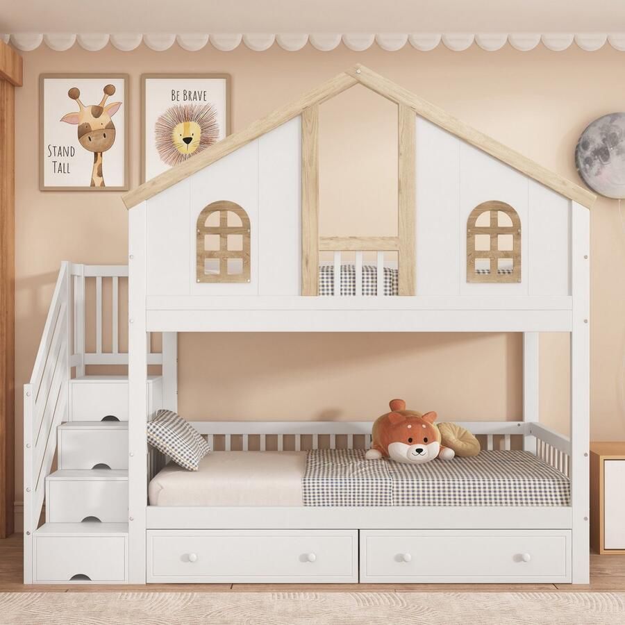 Sweiko Stapelbed 90x200 cm 2 laden Den + MDF Wit + Natuurlijk