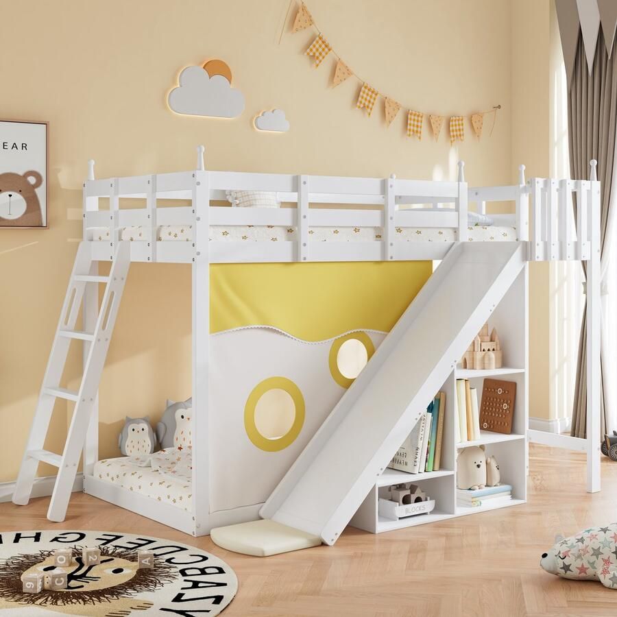 Sweiko Stapelbed 90x200 cm Bedgordijnen Glijbaan + opbergruimte Dennenhouten bedframe zonder matras Wit