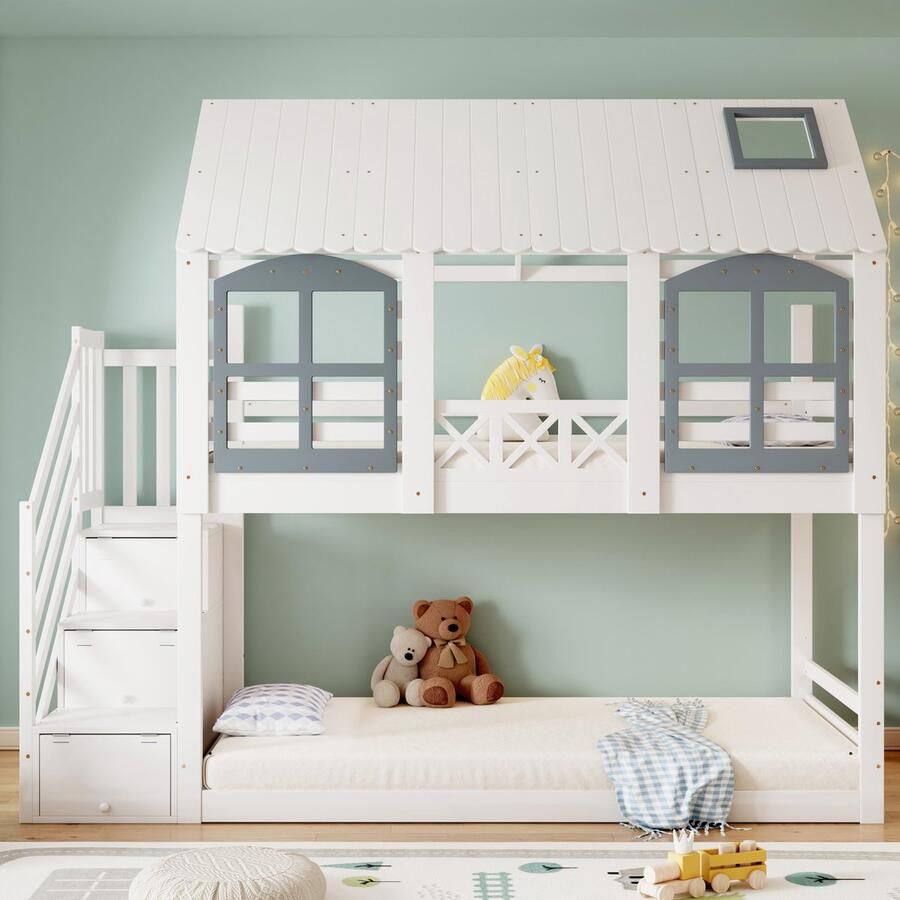 Sweiko Stapelbed 90x200 cm Met dak Opbergruimte Dennen + MDF Zonder matras Wit + grijs