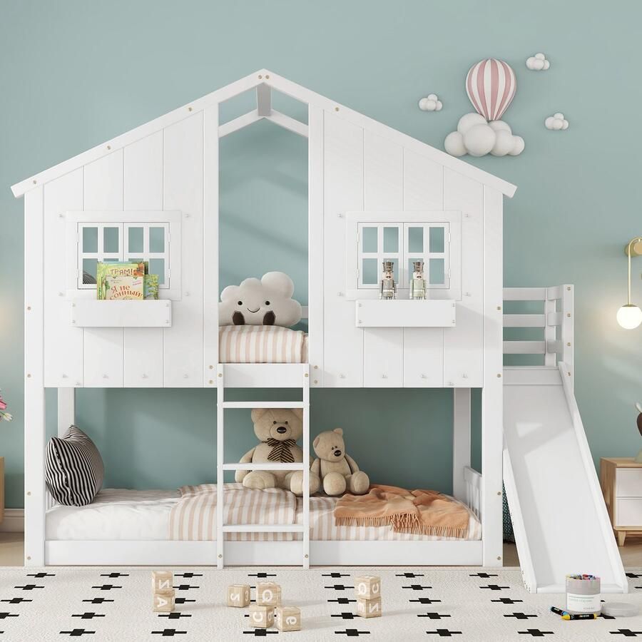 Sweiko Stapelbed 90x200 cm met Glijbaan Den + MDF Wit (Onderste bed zonder bedplank)