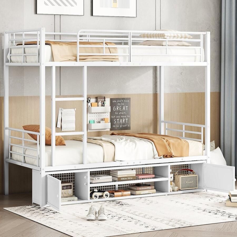 Sweiko Stapelbed 90x200 cm met schoenenrek opbergkast veiligheidsrails ijzeren bed wit