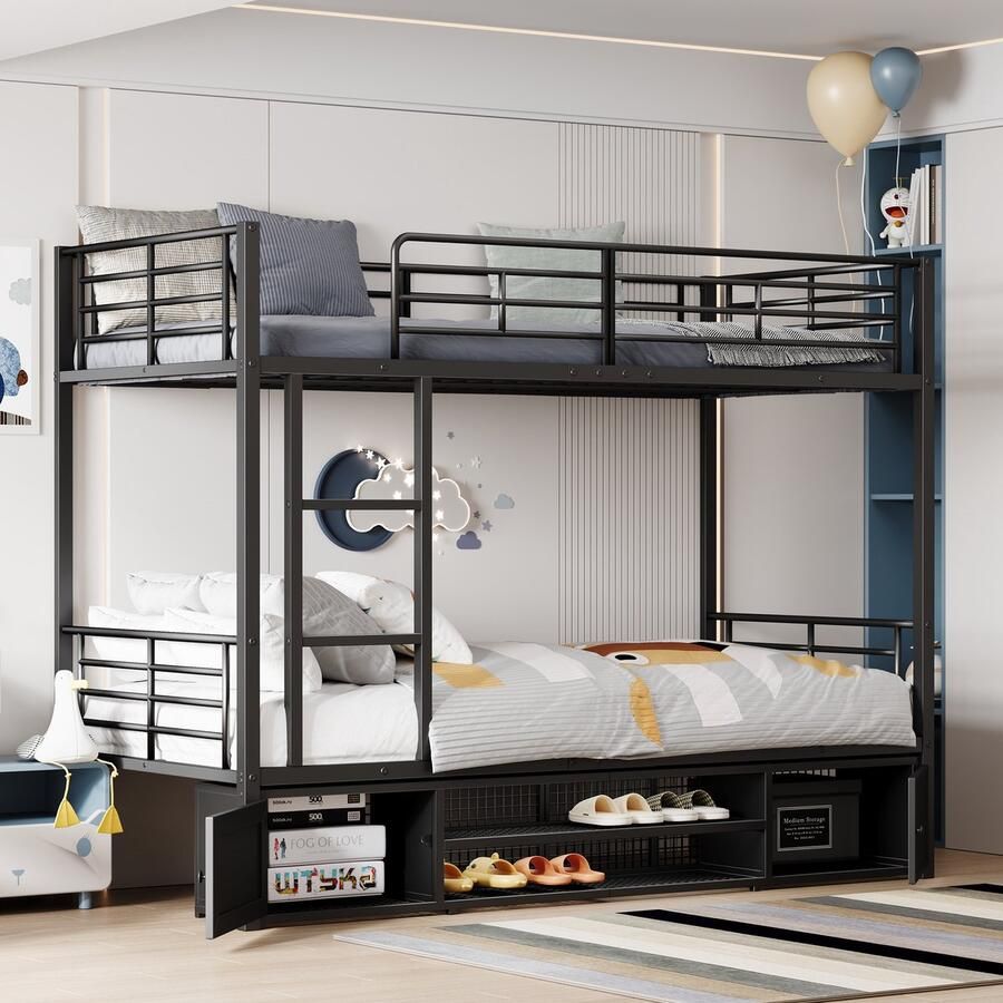 Sweiko Stapelbed 90x200 cm met schoenenrek opbergkast veiligheidsrails ijzeren bed zwart