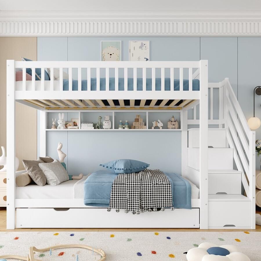 Sweiko Stapelbed 90x200 cm met Uitschuifbed Boekenrek + Kledingkast Wit