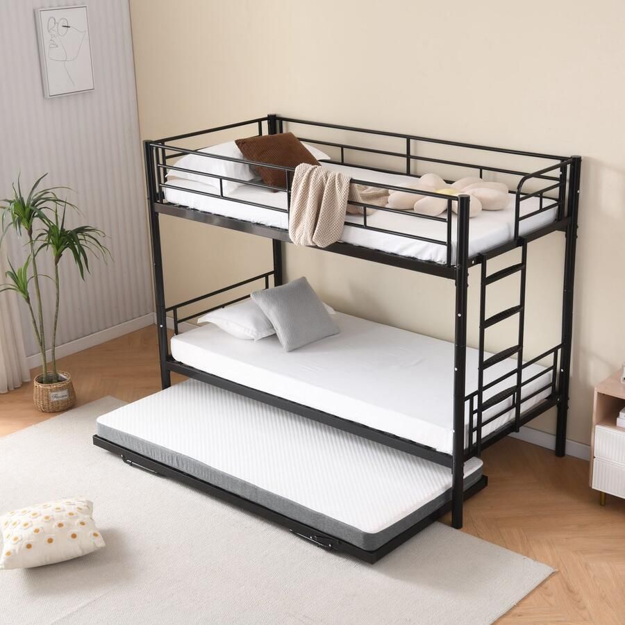Sweiko Stapelbed 90x200 cm Metalen bed Met uitklapbaar uitschuifbed Zonder matras Zwart