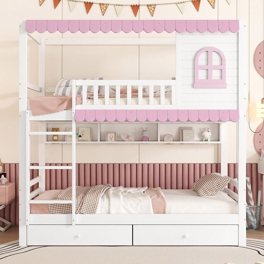 Sweiko Stapelbed 90x200 cm Open boekenkast 2 laden Den + MDF Wit + Roze