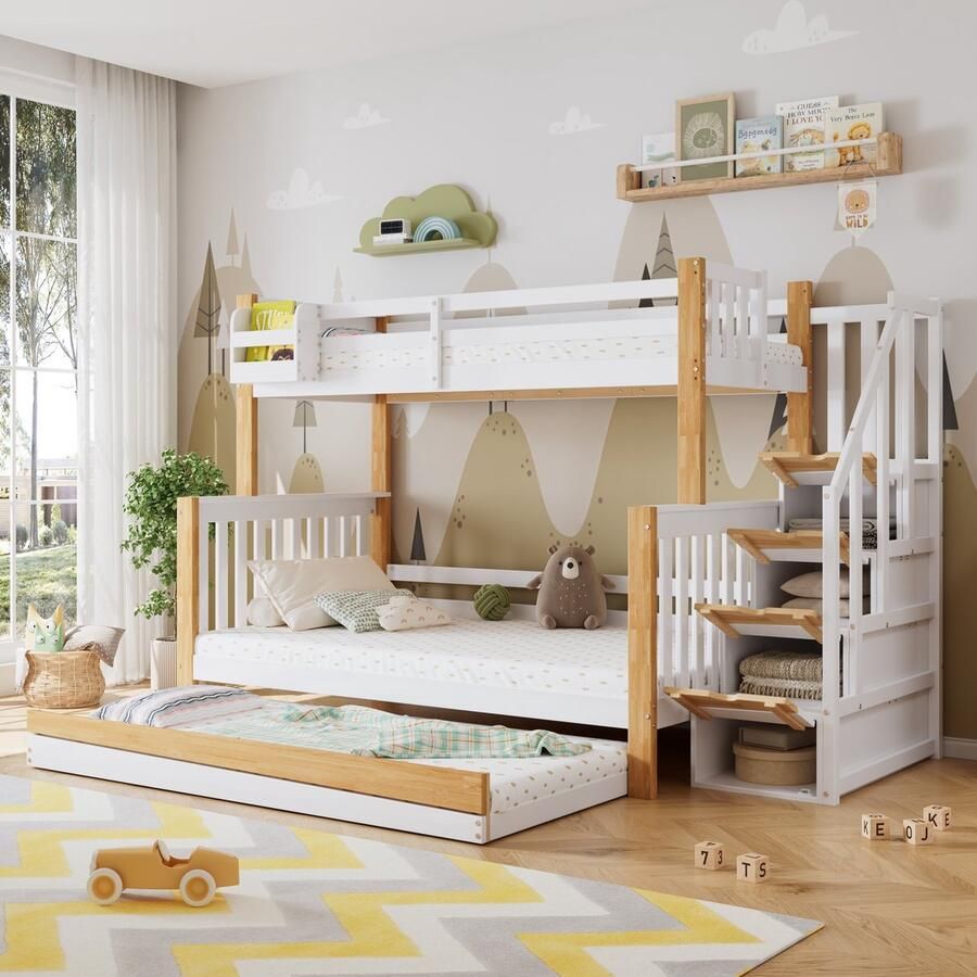 Sweiko Stapelbed 90x200&120*200 cm Uittrekbaar bed Opbergruimte Den + MDF Zonder matras Wit + natuurlijke - Foto 2