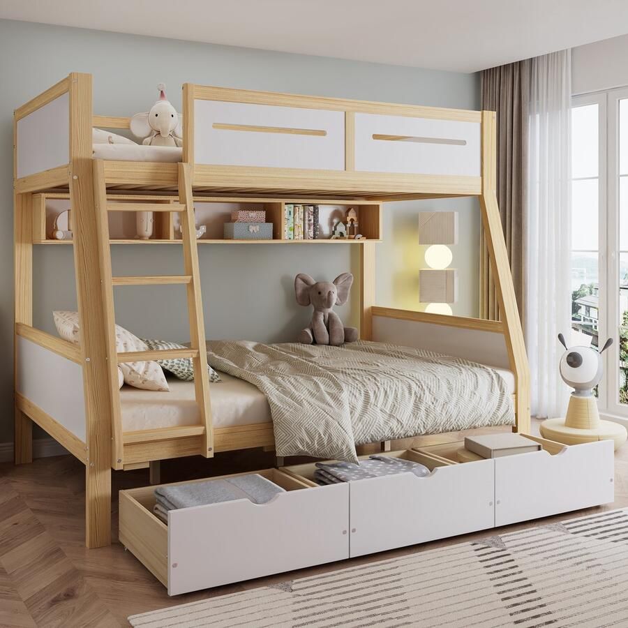 Sweiko Stapelbed 90x200 120x200 cm 3 lades Boekenplank Grenenhout + MDF Wit + Natuurlijke