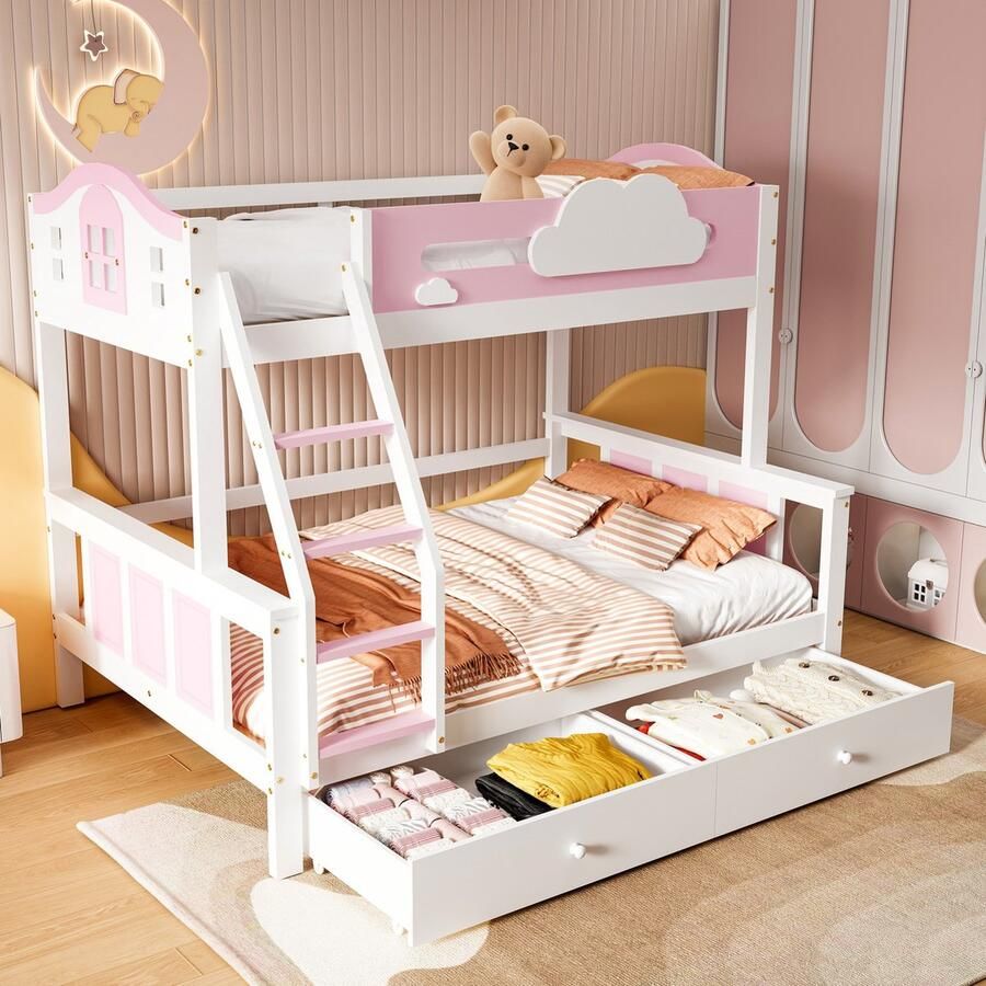 Sweiko Stapelbed 90x200cm&120x200cm Wolkendecoratie 2 laden Den + MDF Zonder matras Wit + Roze