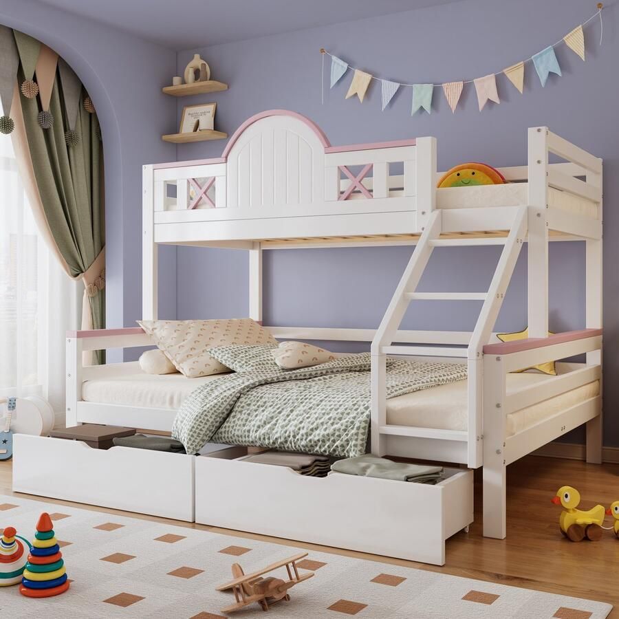 Sweiko Stapelbed 90x200cm&140x200cm 2 laden Den + MDF Wit + Roze