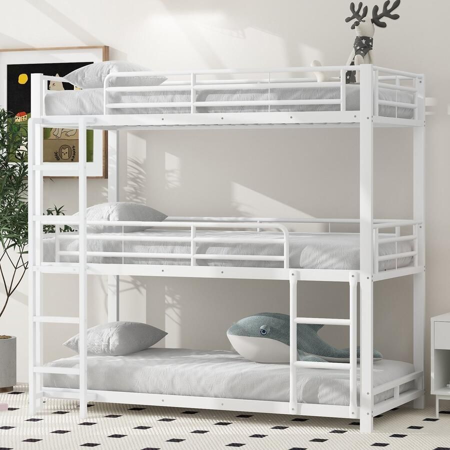 Sweiko Stapelbed 90x200cm Metalen bedframe Driepersoons bed 2 ladders Wit